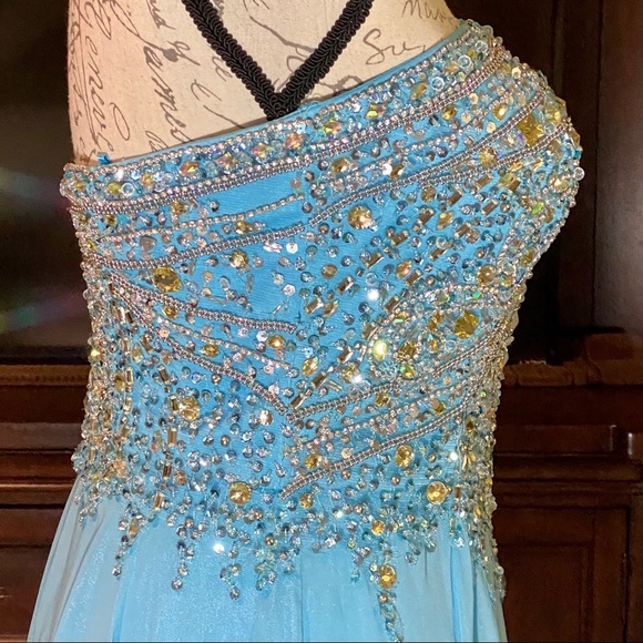 Terani Couture Strapless Gown Aqua Prom Bedazzled Evening Dress  Size 4 - Picture 3 of 6
